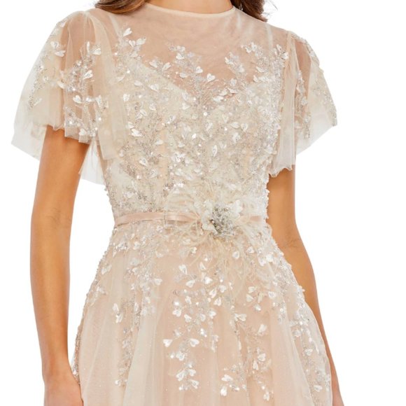 MAC DUGGAL 20362 EMBELLISHED FLUTTER SLEEVE BOW WAIST A-LINE NUDE GOWN sz 8 - Picture 3 of 6